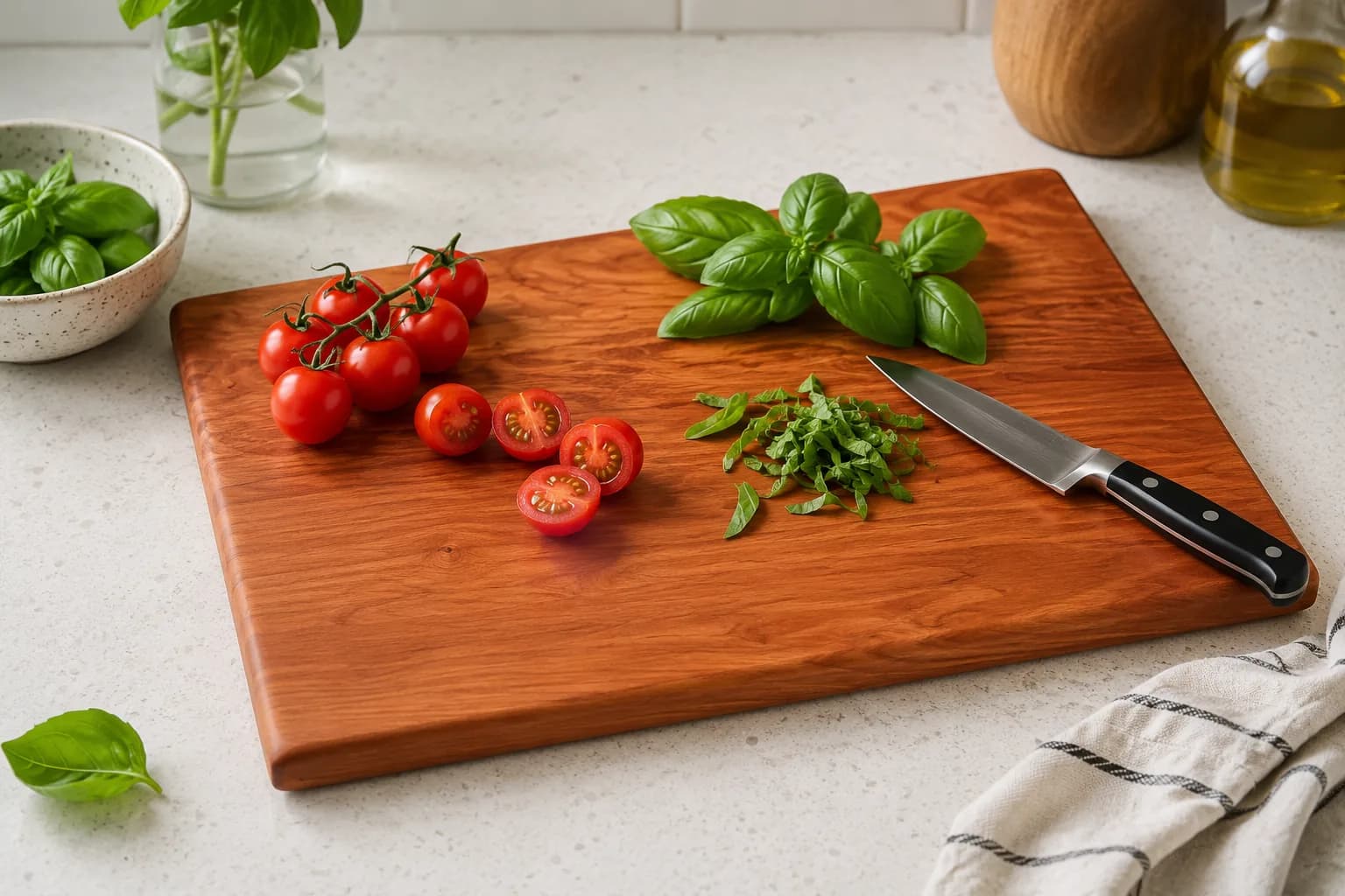 A hardwood cutting board in use on a kitchen counter with cherry tomatoes, fresh basil, and a chef's knife